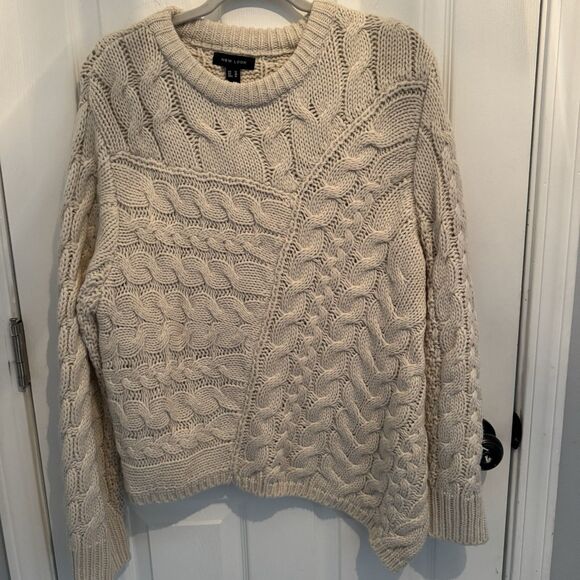 New Look F1 Women Loose Sweater Cable Knit Mock Neck Eyelets Long Sleeve Size 14 - Picture 1 of 6